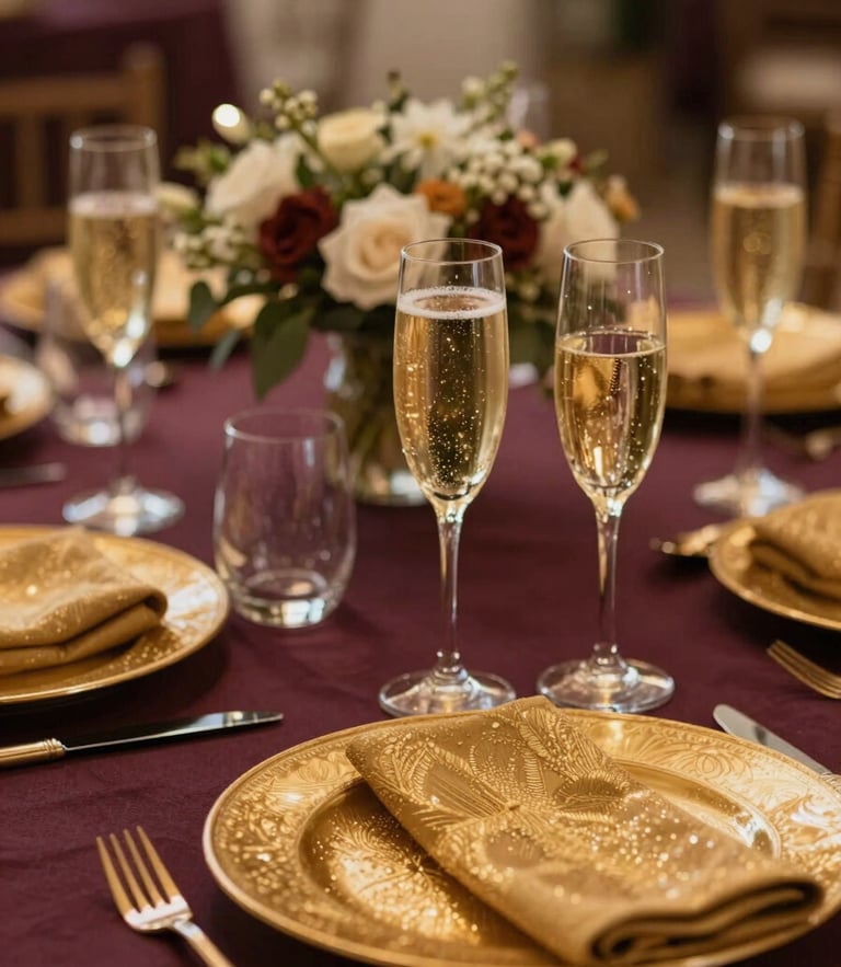 Vibrant close-up of a beautifully styled celebration table with shimmering champagne gold settings, deep plum linens, and warm ambient light.