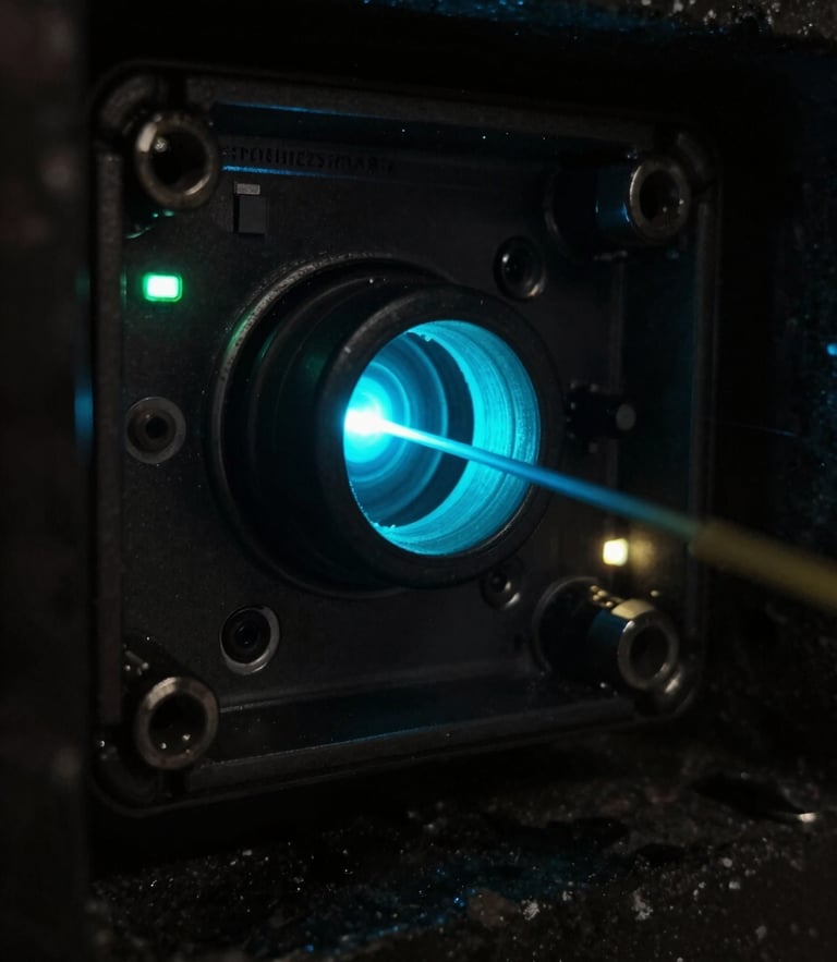 Macro close-up of a physical fiber-optic cable splice enclosure inside a dark underground vault, sharp laser-cyan light leaking from the core, 35mm technical photography