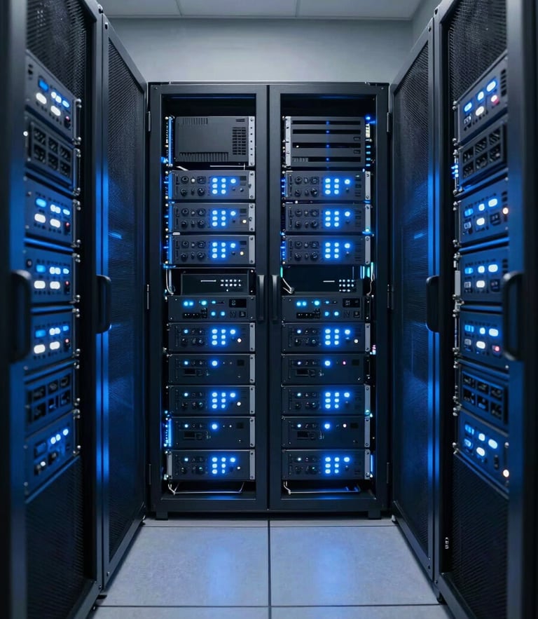 Symmetrical wide view of a modern enterprise data center, glowing blue and white indicators on clean server racks, high-end commercial lens, 8k