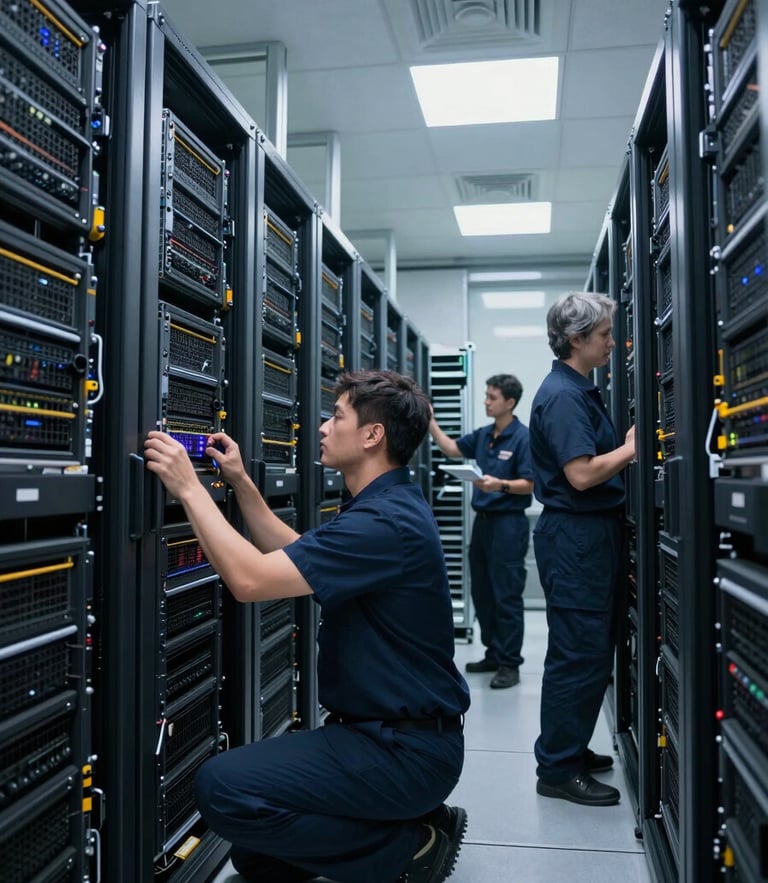 Technical wide-angle shot of cleanroom data center racks being systematically uninstalled by uniformed technicians, cool clinical lighting, high contrast.