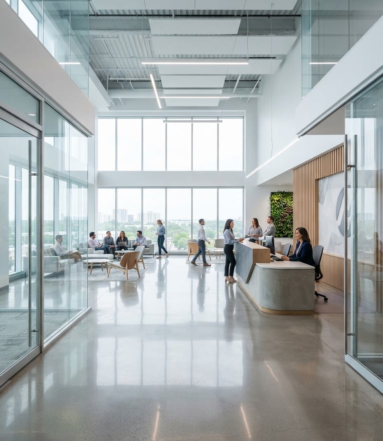 Bright high-key commercial photography of a modern office lobby with polished concrete floors and glass partitions, crisp clean daylight.