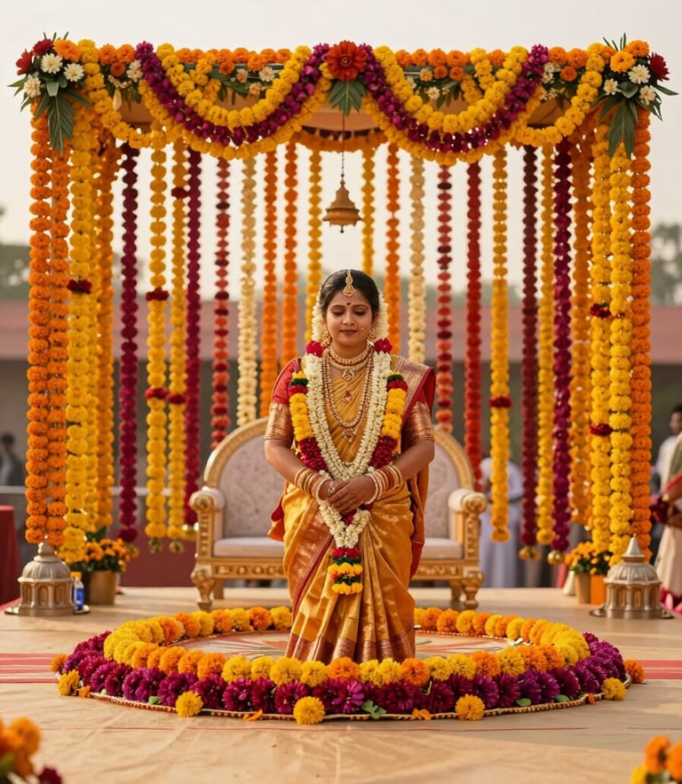 Vibrant editorial photography of a grand South Indian wedding stage setup in Kurnool, rich marigold garlands, glowing golden-hour light, shallow depth of field, 35mm