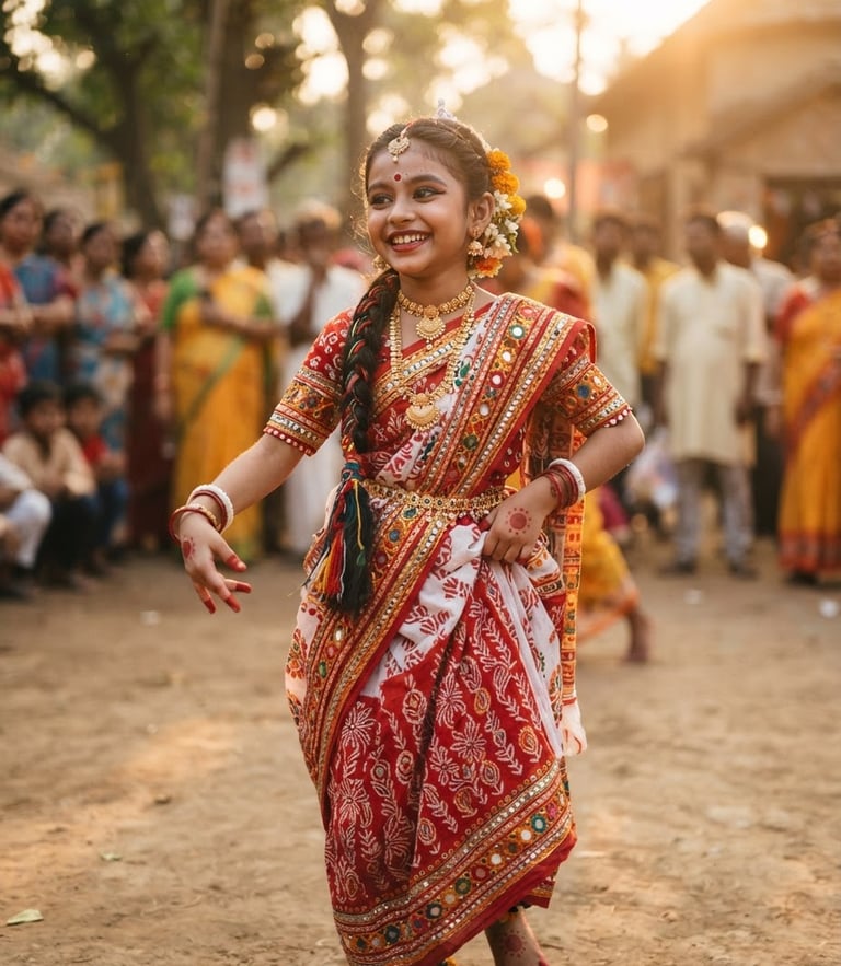 A warm candid portrait of a young Bengali girl smiling in a vibrant traditional folk dance costume, golden-hour natural sunlight, soft outdoor background.