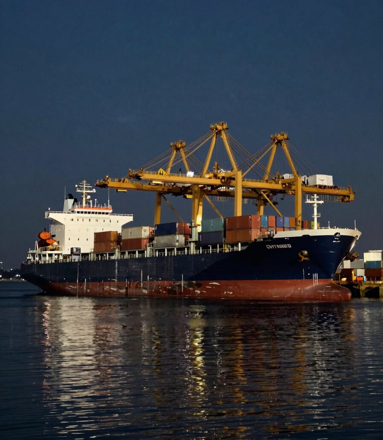 A massive cargo ship docked at a deep-water port at dusk, golden container cranes reflecting on dark water, high-contrast natural daylight