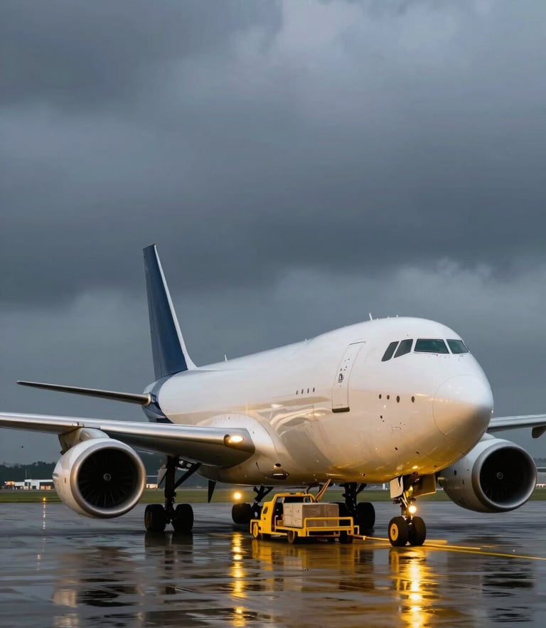 A large cargo aircraft loading freight on a wet tarmac under dramatic overcast sky, bright yellow ground crew lights, cinematic editorial photography