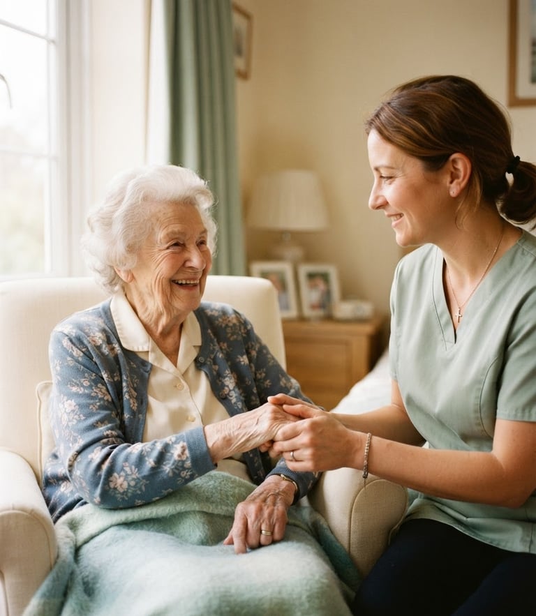 Warm editorial photography of a professional caregiver in a soft sage green uniform holding the hand of an smiling elderly woman in a sunlit warm cream room, soft window light, shallow depth of field, 35mm lens