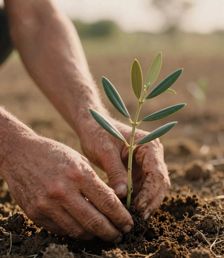 A close-up of weathered hands planting a young olive sapling in rich, warm soil, soft golden-hour natural light, 35mm film style.