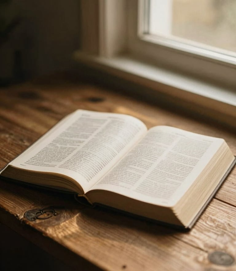 A quiet moment of study under warm golden-hour window light, an open Bible on a rustic wooden table, soft focus editorial style.