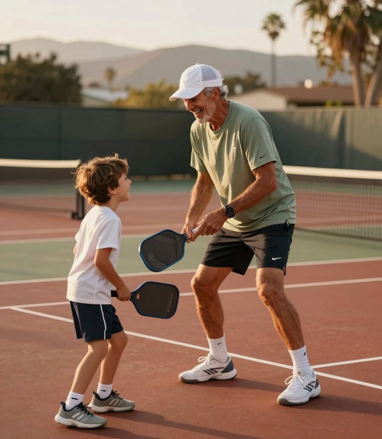 Warm editorial photography of an older player and a young child laughing together on a pickleball court in Ojai, soft golden-hour California light, terracotta court surface, shallow depth of field.