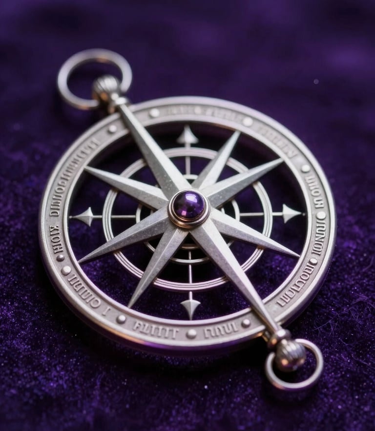 Macro photograph of an intricate silver celestial astrolabe resting on deep purple velvet, moody amethyst rim lighting, soft cosmic glow, sharp details