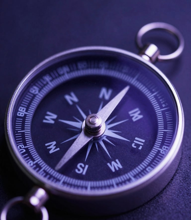 A macro close-up of an intricate metallic silver compass reflecting deep indigo and amethyst light, atmospheric studio setting, soft celestial glow