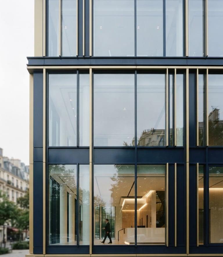 Refined architectural close-up of a modern European medical pavilion, soft overcast daylight, clean glass facade, corporate navy and gold tones, 35mm