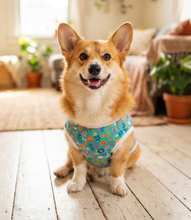 Un alegre Pembroke sentado felizmente en el suelo, con una colorida camiseta turquesa para mascotas.