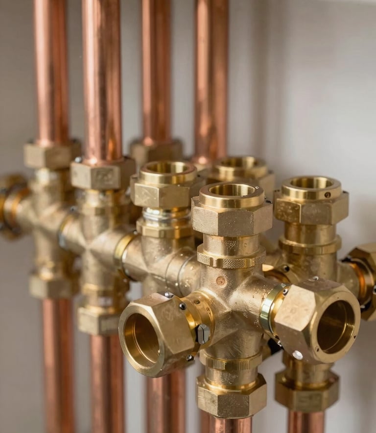Tight macro shot of neatly aligned copper pipes and modern brass manifolds, bright clean neutral daylight, organized technical plumbing installation.
