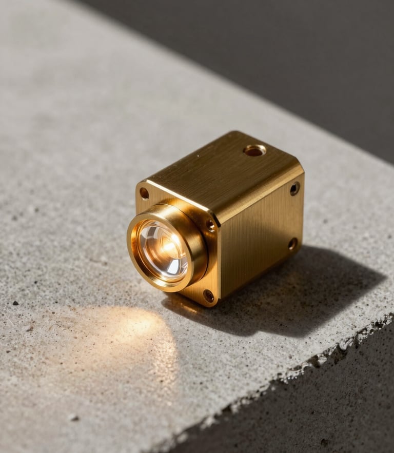 A sharp macro crop of a custom hardware interface casing made of brushed dark brass, with a single optical glass lens emitting a precise, warm amber light beam onto raw concrete. Dramatic architectural shadows.