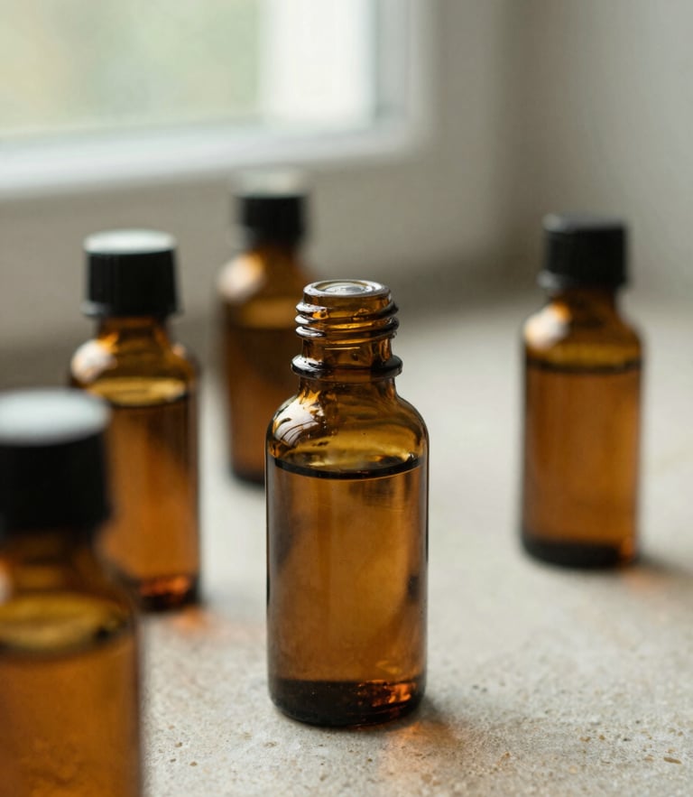 Macro editorial shot of amber glass tincture bottles on a raw stone surface, soft natural window light, muted sage green tones, shallow depth of field.