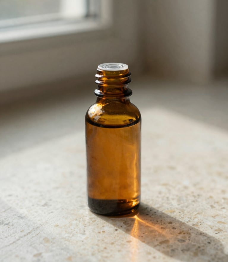 Macro shot of an amber glass tincture bottle casting a warm shadow on a textured alabaster surface, soft natural daylight, 35mm