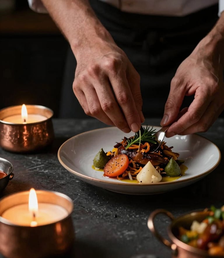 Dramatic close-up of a chef's hands carefully plating a modern Indian dish with copper tableware, warm candlelight glow, dark-mood food photography