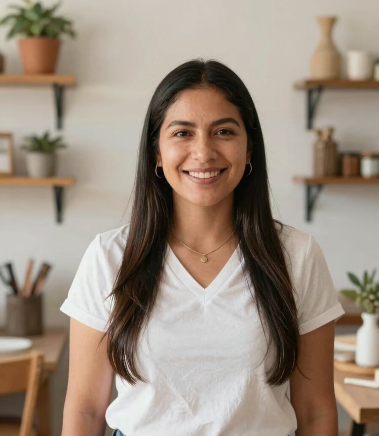 Warm editorial portrait of a smiling Mexican female small business owner in her bright, sunlit workshop, medium shot, soft clean tones, 35mm lens.