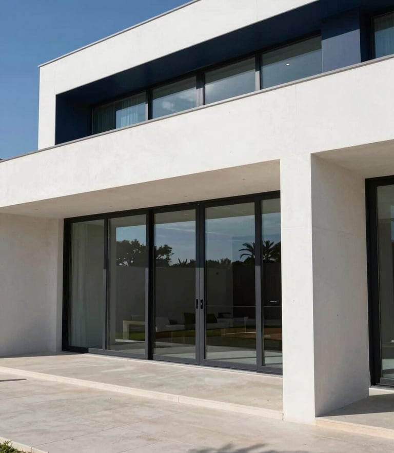 Premium modern Algarve villa exterior, clean architectural lines, bright natural daylight, sharp shadows, minimalist concrete and glass facade