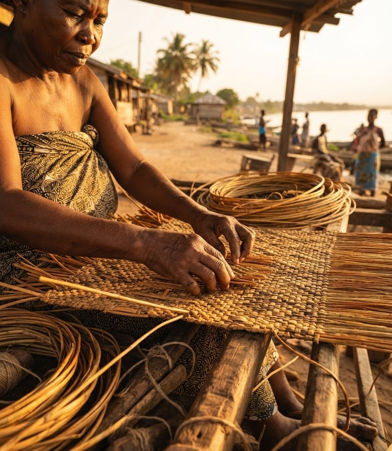 Warm editorial photography of hands weaving traditional mats on Azizakpe Island, golden-hour sunlight highlighting the textured reeds.