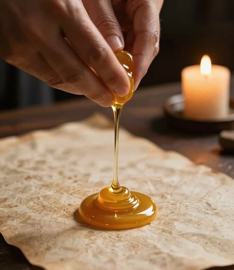 Close-up macro shot of hands pouring golden wax onto an ancient parchment in a dark room, lit by a single candle, creating deep shadows.