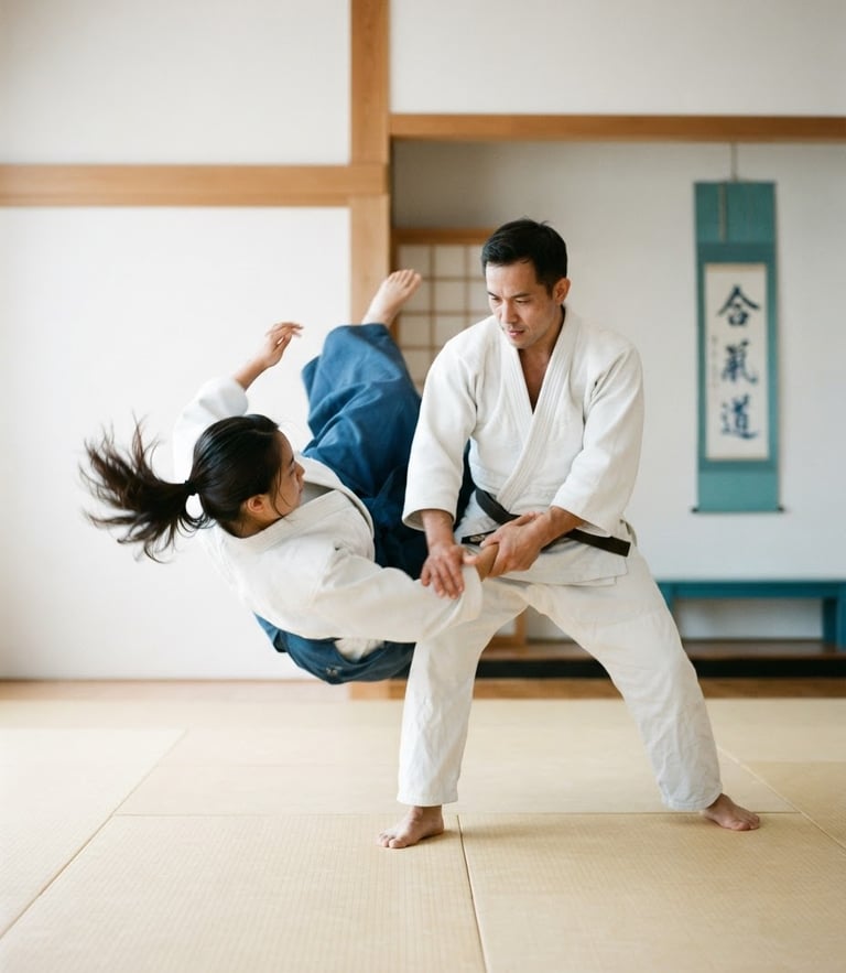 Dynamic medium shot of an aikido practitioner in a white keikogi executing a fluid throw, bright natural dojo light, soft turquoise accents, 35mm