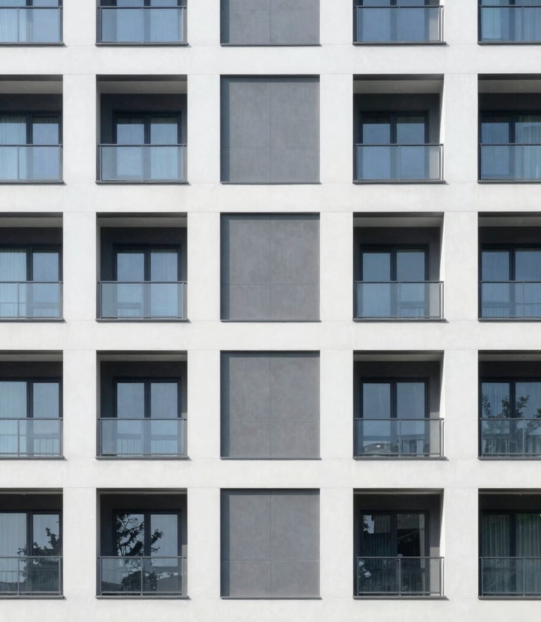 Straight-on architectural photograph of a modern residential building facade, clean geometric lines, bright natural daylight, cool desaturated tones, sharp focus.