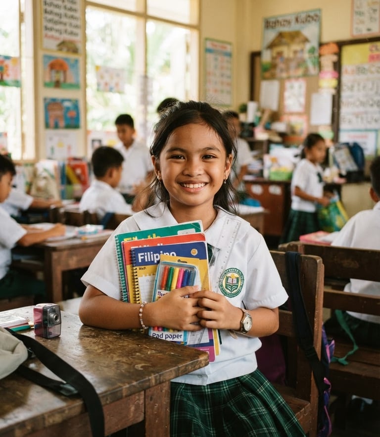 Warm documentary portrait of a smiling Filipino student holding new school supplies in a sunny classroom, natural tropical daylight, environmental portrait, 35mm lens