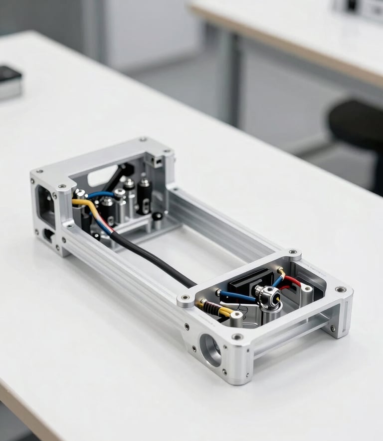 Crisp workshop photography of a custom aluminum robot chassis with exposed wiring harnesses on a clean white workbench, bright daylight, 50mm lens