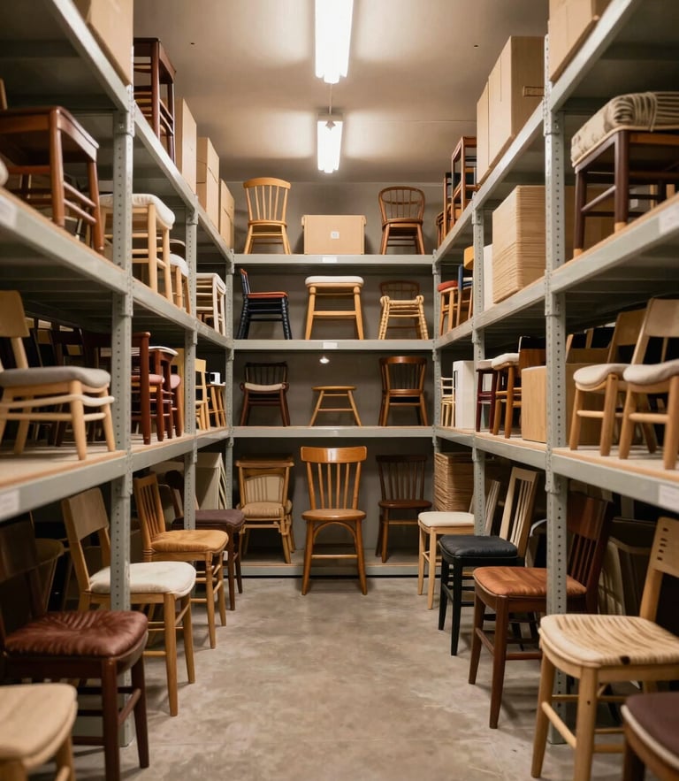 Symmetrical architectural shot of carefully wrapped designer wooden chairs in a brightly lit, immaculate storage unit with warm overhead lighting.
