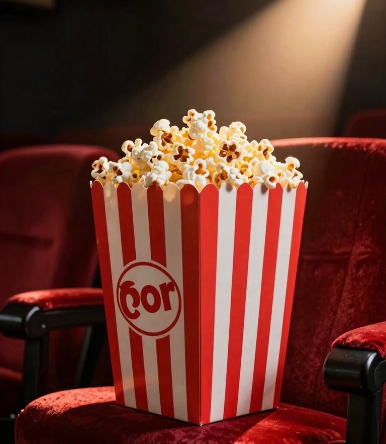 A retro red-striped popcorn box overflowing with fresh gourmet popcorn, sitting on a velvet theater seat, dramatic warm projector beam light, 35mm film look.