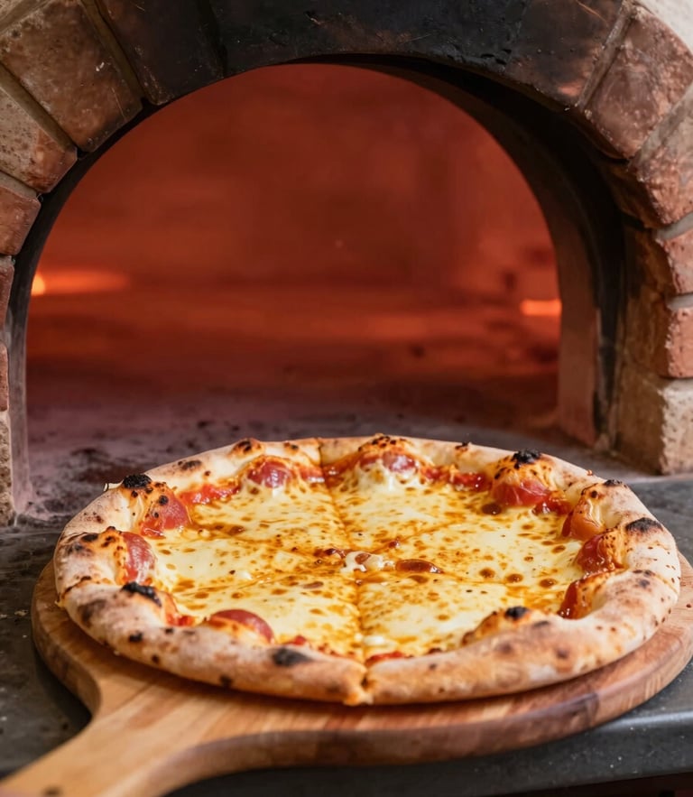 Close-up of a rustic wood-fired pizza being pulled out of a glowing brick oven with a wooden peel, golden melted cheese bubbling, warm ambient light