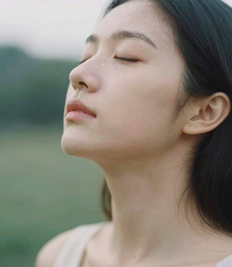 Soft-focus portrait of a person in a moment of quiet somatic release, deep breathing, soft diffused natural daylight, muted organic tones, shallow depth of field, 35mm film