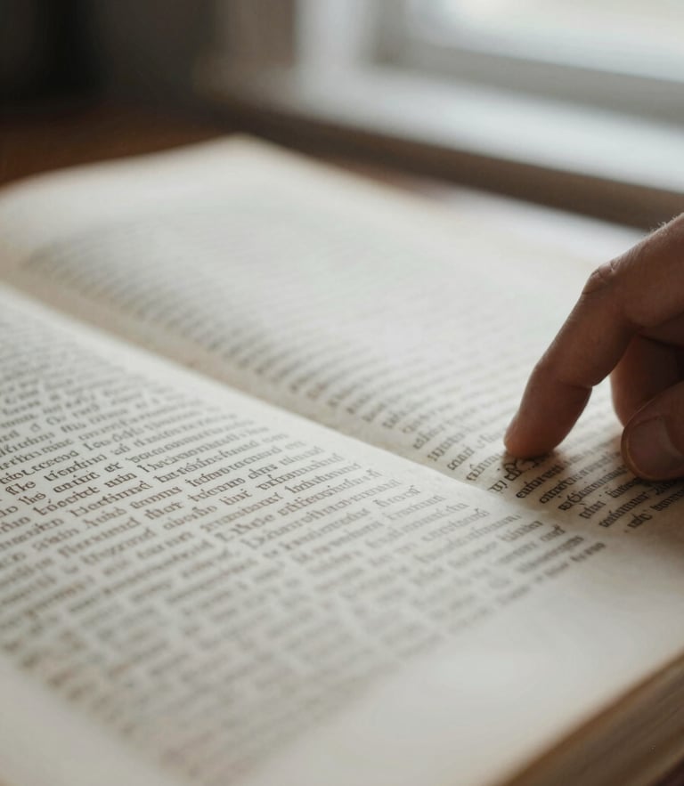 Macro close-up of a hand reviewing a heavily textured printed manuscript under soft, directional window light, shallow depth of field, 35mm