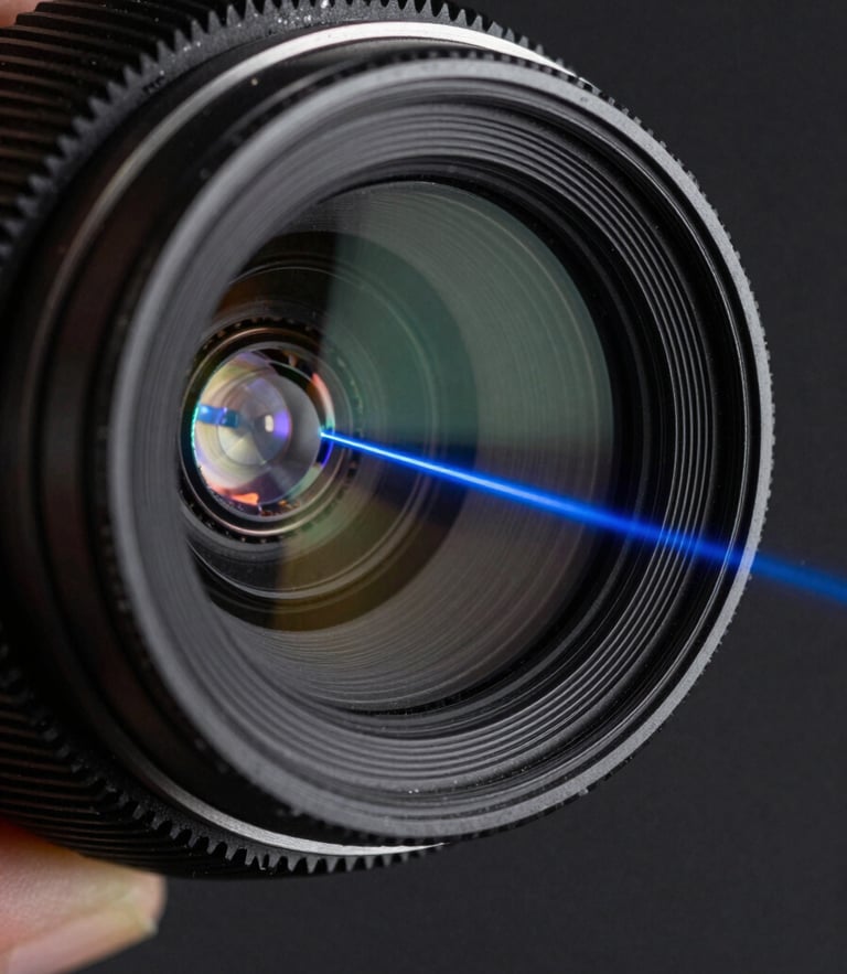 Macro photograph of a high-precision optical lens catching a narrow blue laser beam, showing internal refraction lines against a sterile dark background.