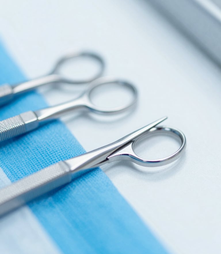 Macro shot of high-precision sterile surgical blades in a cleanroom, bright high-key medical photography, clinical daylight, sharp focus on steel edges