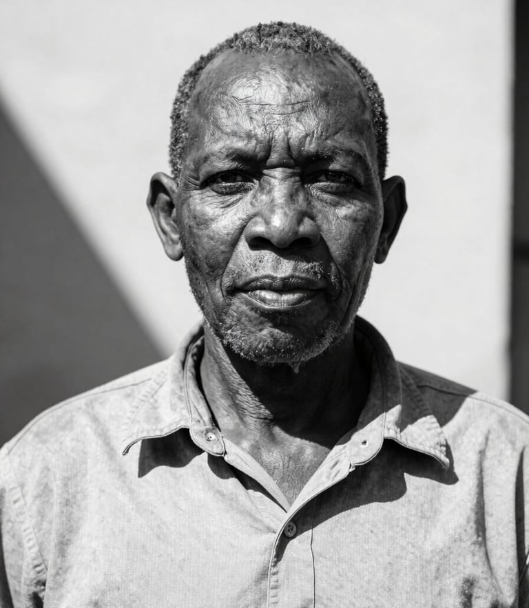 Dignified eye-level portrait of a South African community leader in natural high-contrast sunlight, crisp black and white tones, deep shadows, 35mm lens