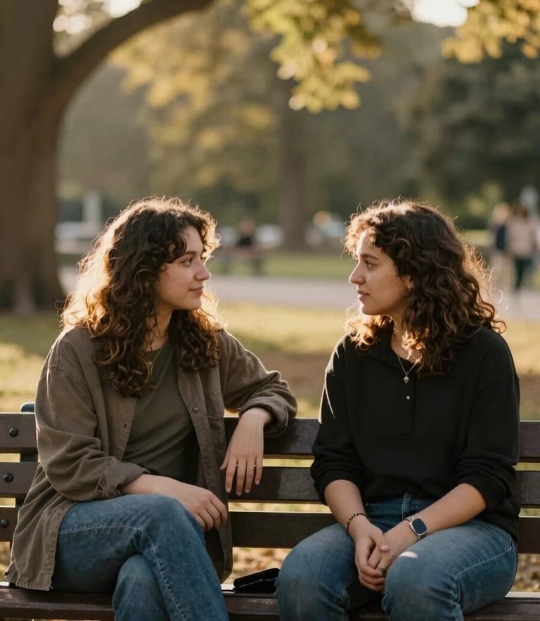 Warm editorial photography of two people sitting side-by-side on a park bench, deep in collaborative conversation, soft golden-hour sunlight filtering through trees, natural 35mm depth of field.