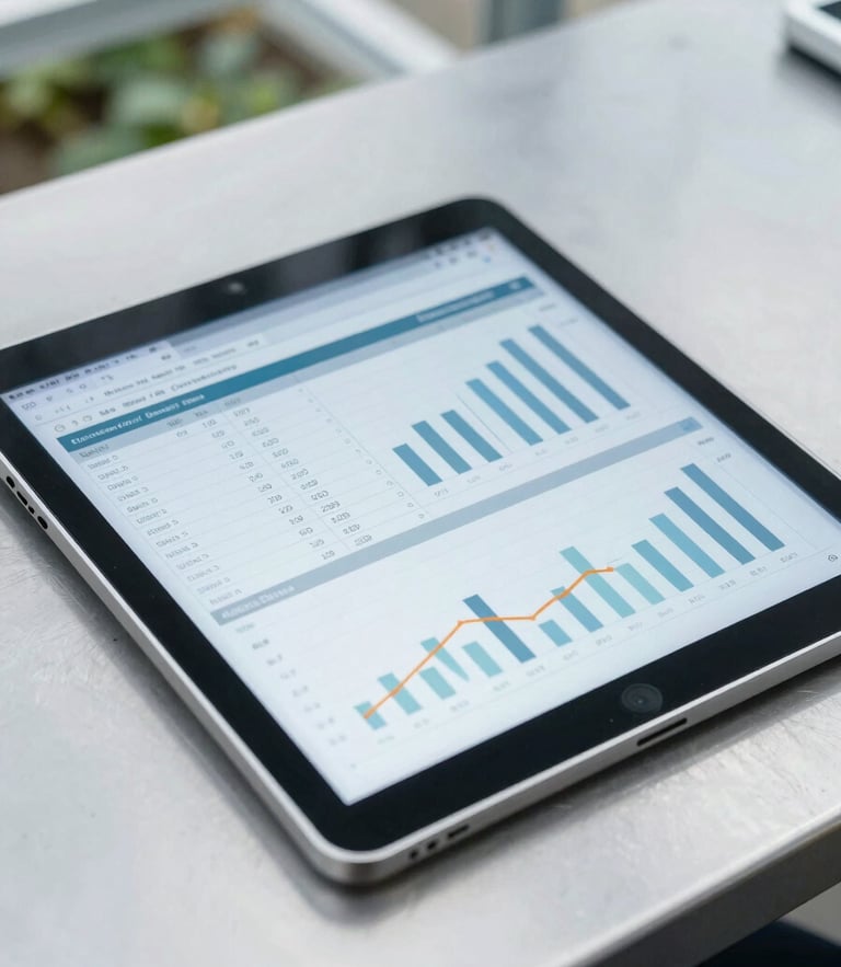 Macro shot of a digital tablet showing complex spreadsheet calculations and agricultural cost charts on a clean steel table in a high-tech greenhouse, cool desaturated tones, sharp focus