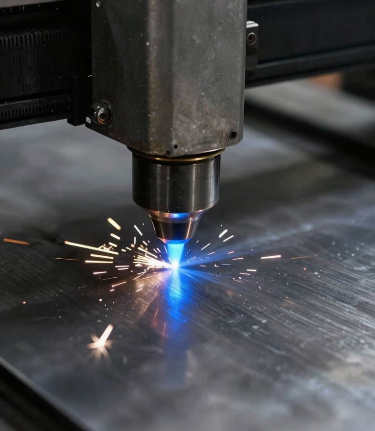 Extreme close-up of a laser cutter nozzle emitting bright blue arcs onto a sheet of raw stainless steel, metallic sparks flying, high-contrast industrial lighting, 35mm