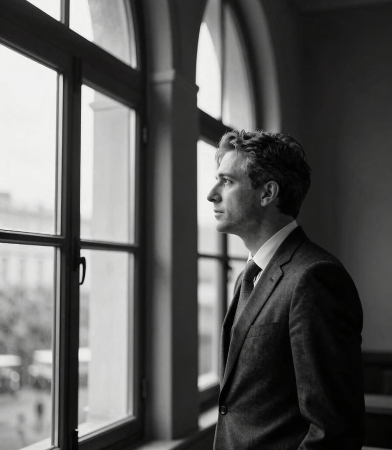 Candid, high-contrast black and white portrait of a thoughtful leader looking out a tall arched window, deep shadows, natural directional light, 50mm lens.