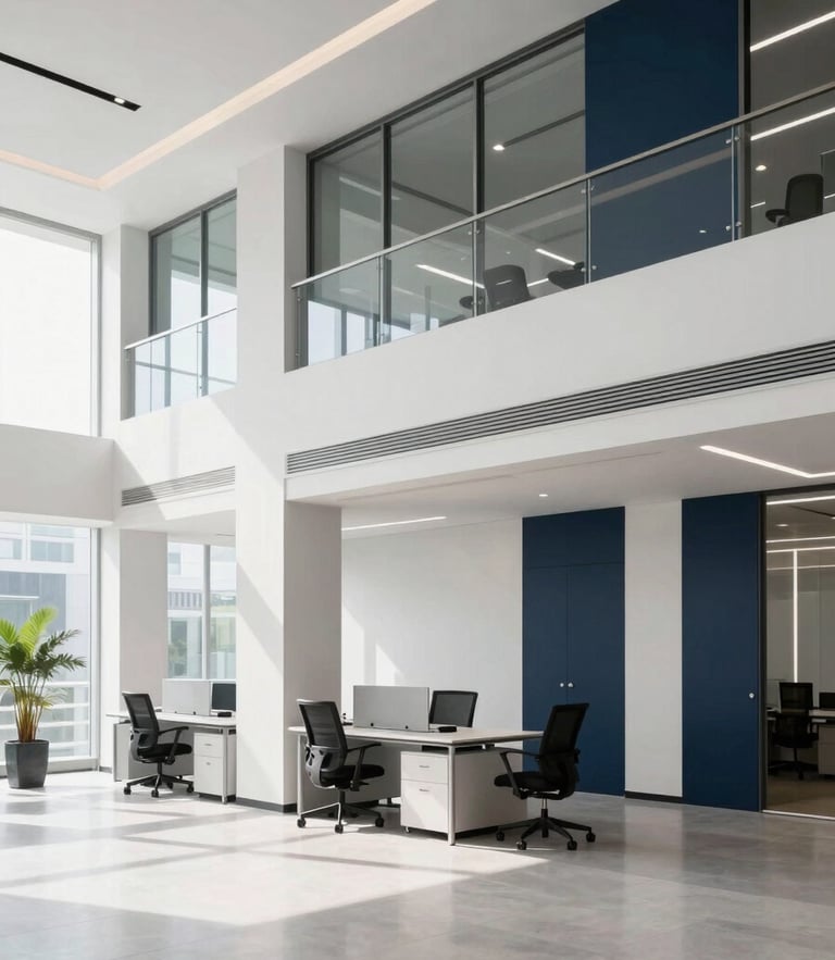 Bright modern corporate office in Jakarta, clean architectural lines, natural light, professional environment, cool tones