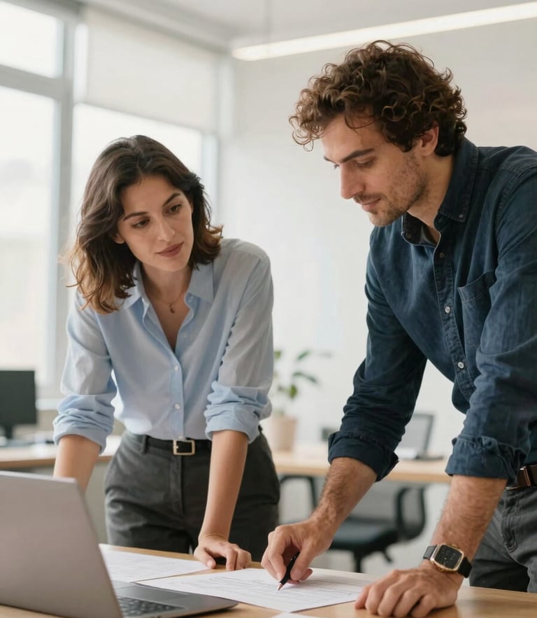 An environmental portrait of two Italian professionals discussing a layout in a bright, airy office, soft daylight, warm corporate tones, 35mm lens