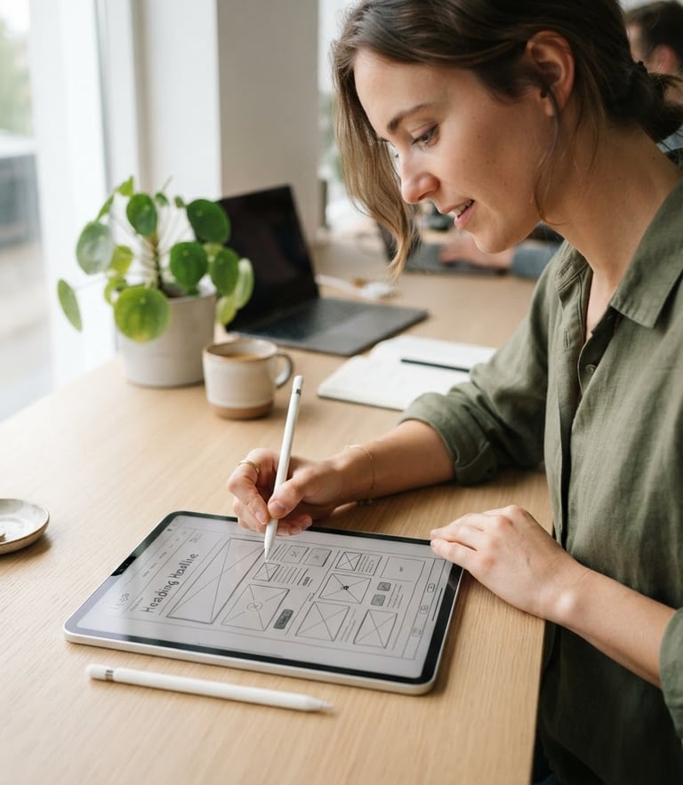 A close-up of a designer sketching a clean website wireframe layout on a tablet, soft natural daylight, minimalist workspace