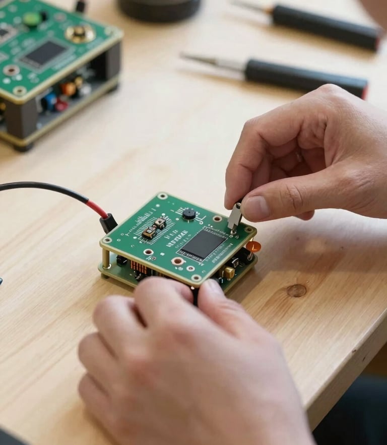 Close-up of hands assembling a physical electronic prototype on a bright wooden workshop bench, wires and tools visible, bright natural light, crisp industrial photography.