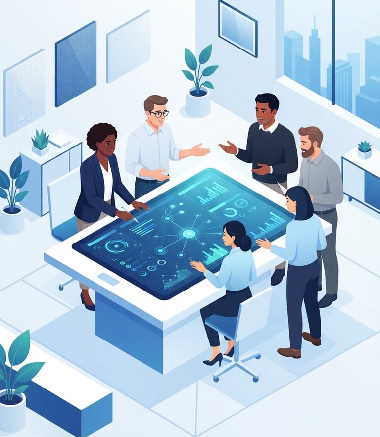 Isometric vector illustration of diverse professionals collaborating over a large digital interface, clean geometric lines, subtle blue gradients, flat shapes, minimalist digital workspace