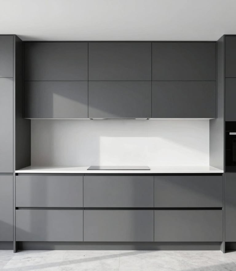 Straight-on architectural elevation of a newly renovated minimalist kitchen, matte dark gray cabinetry, white solid surface countertops, bright daylight, sharp focus