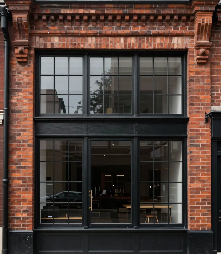 Straight-on architectural elevation of a restored brick storefront with tall black-steel windows, clean overcast daylight, sharp structural lines.