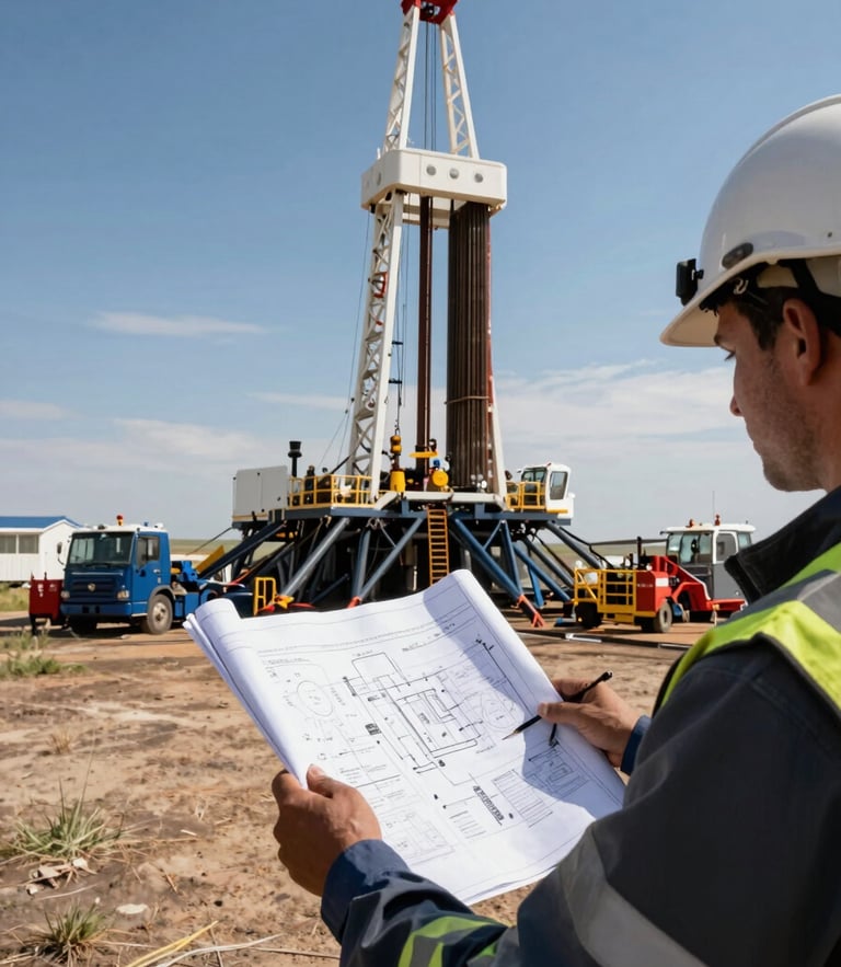 Stark daylight wide shot of an active drilling rig in the Montana plains, structured steel towers, professional in high-visibility PPE holding technical schematics in the foreground, sharp focus on blueprint details.